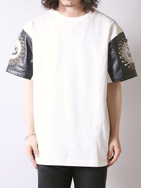LEATHER SLEEVE SS TEE -WHITE/BLACK-