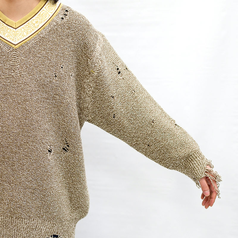 5G OVERSIZED DAMAGE VNECK KNIT -BEG- | IN ONLINE STORE