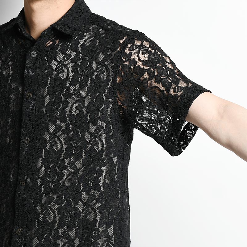 FLOWER LACE SS SHIRT -BLACK-