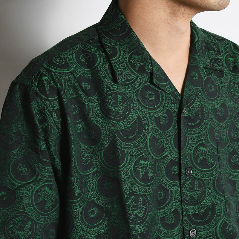 S/S OPEN COLLAR JACQUARD SHIRT "CAMERON" -GREEN-