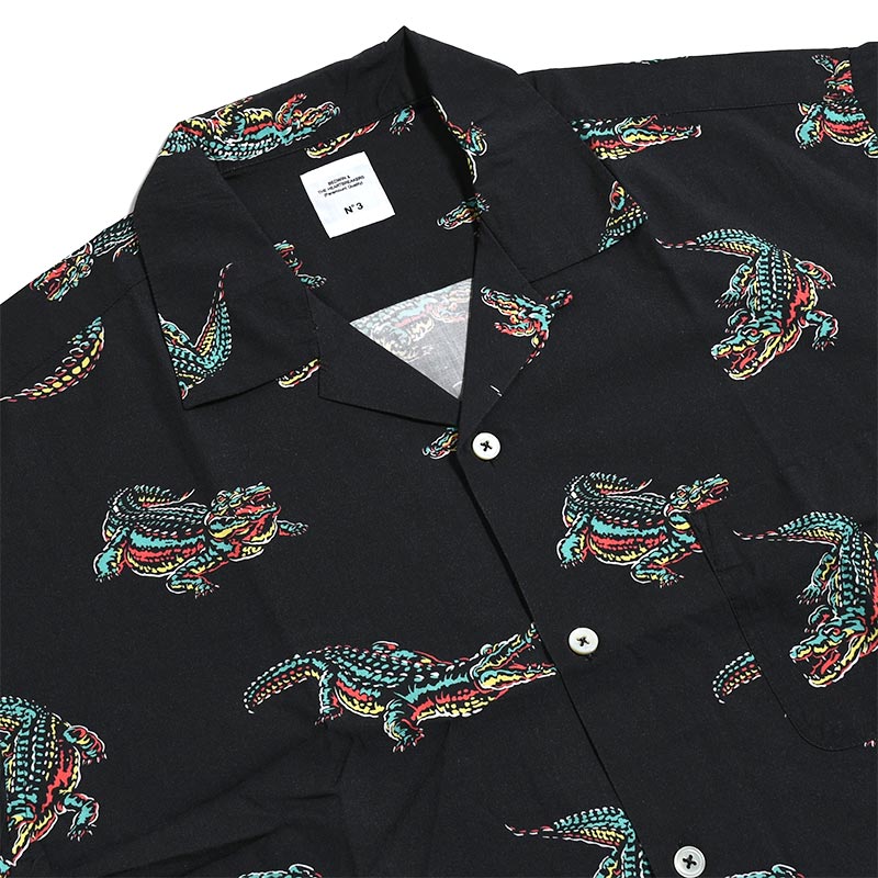 S/S OPEN COLLAR ALOHA SHIRT "ROGERS" -BLACK-