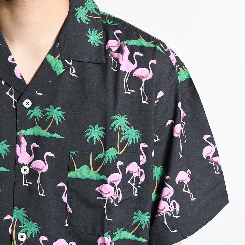 S/S OPEN COLLAR ALOHA SHIRT "ROGERS" -BLACK-