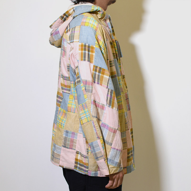 Patchwork Kimono Sleeve Hooded Blouson -BROWN MULTI-