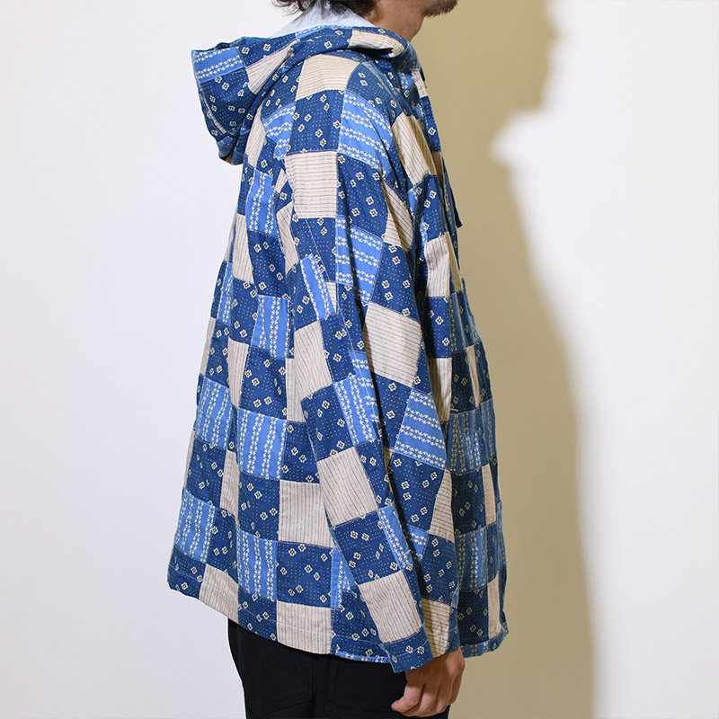 Patchwork Kimono Sleeve Hooded Blouson -BLUE MULTI-