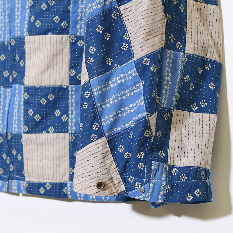 Patchwork Kimono Sleeve Hooded Blouson -BLUE MULTI-