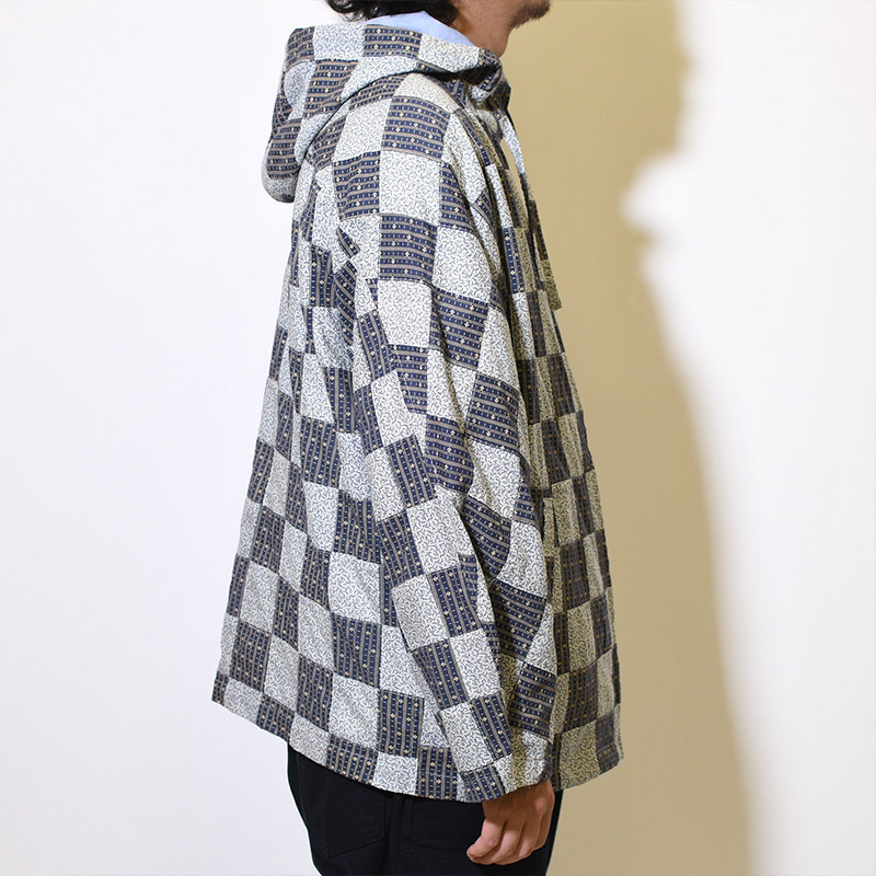 Patchwork Kimono Sleeve Hooded Blouson -NAVY MULTI-