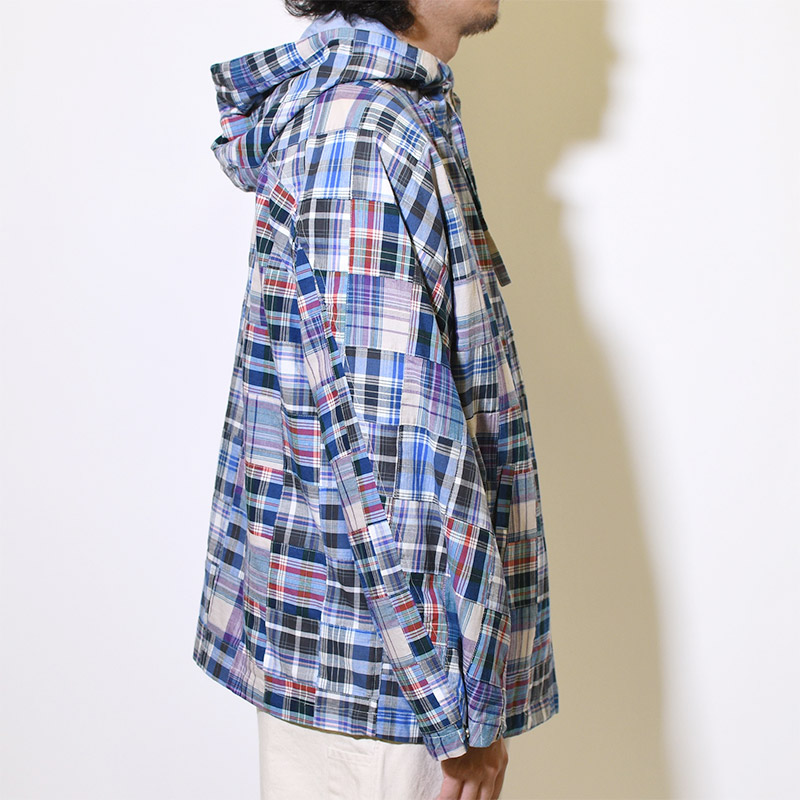 Madras Patchwork Kimono Sleeve Hooded Blouson -BLUE MULTI-