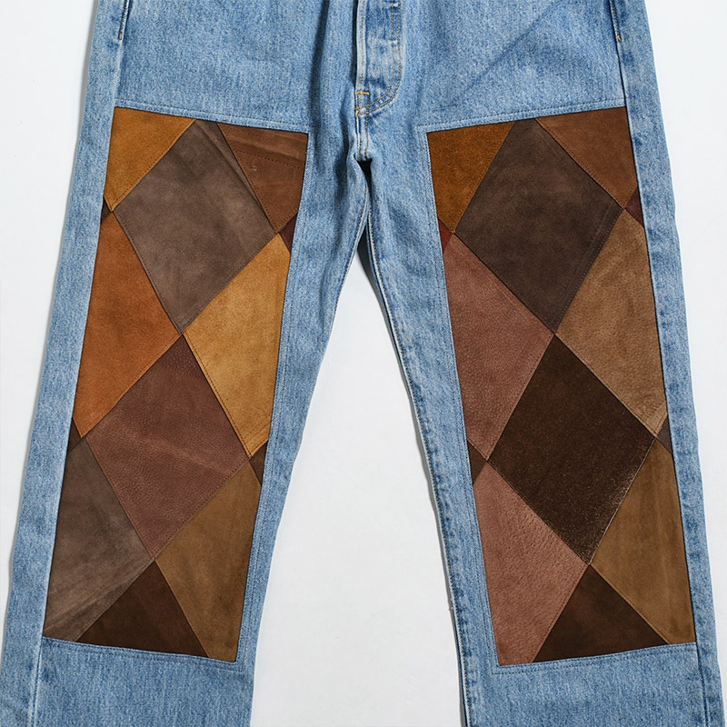 NY LEATHER PATCH WORK DENIM size:2 -BROWN A-