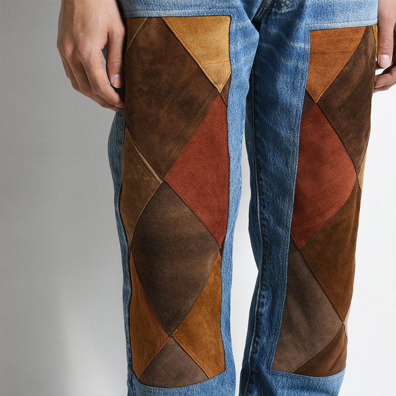 NY LEATHER PATCH WORK DENIM size:1 -BROWN B-