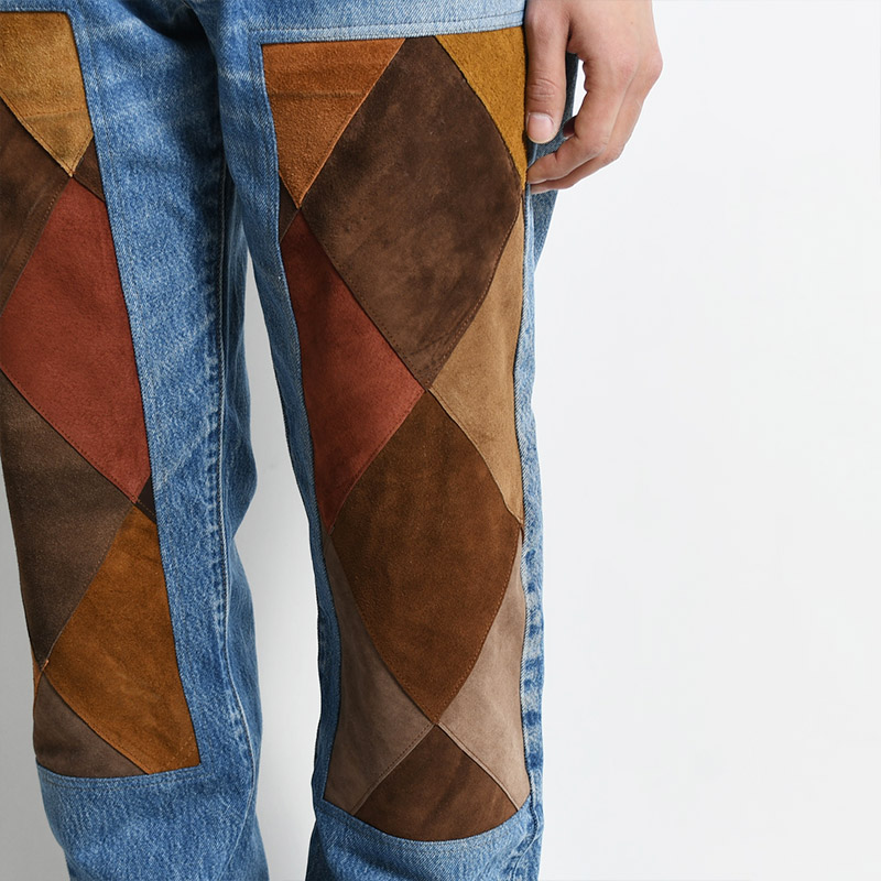 NY LEATHER PATCH WORK DENIM size:1 -BROWN B-