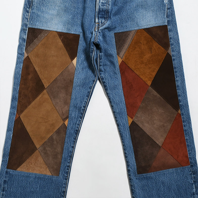 NY LEATHER PATCH WORK DENIM size:2 -BROWN B-
