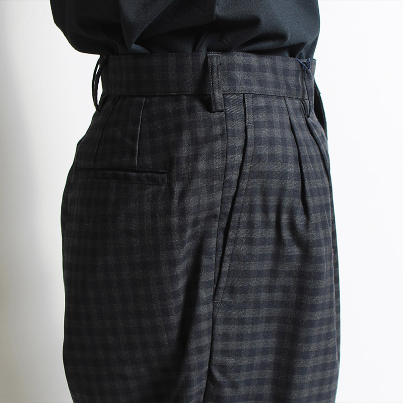 Gingham Wool/Poly Pleated Pants -BLACK-