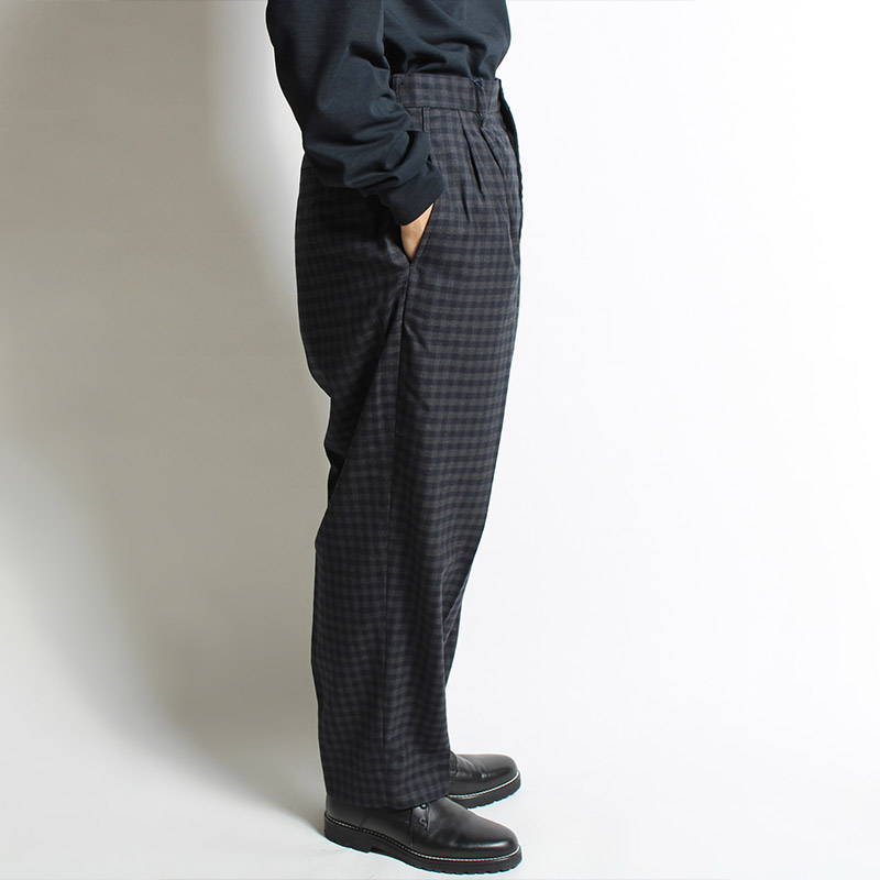 Gingham Wool/Poly Pleated Pants -BLACK-