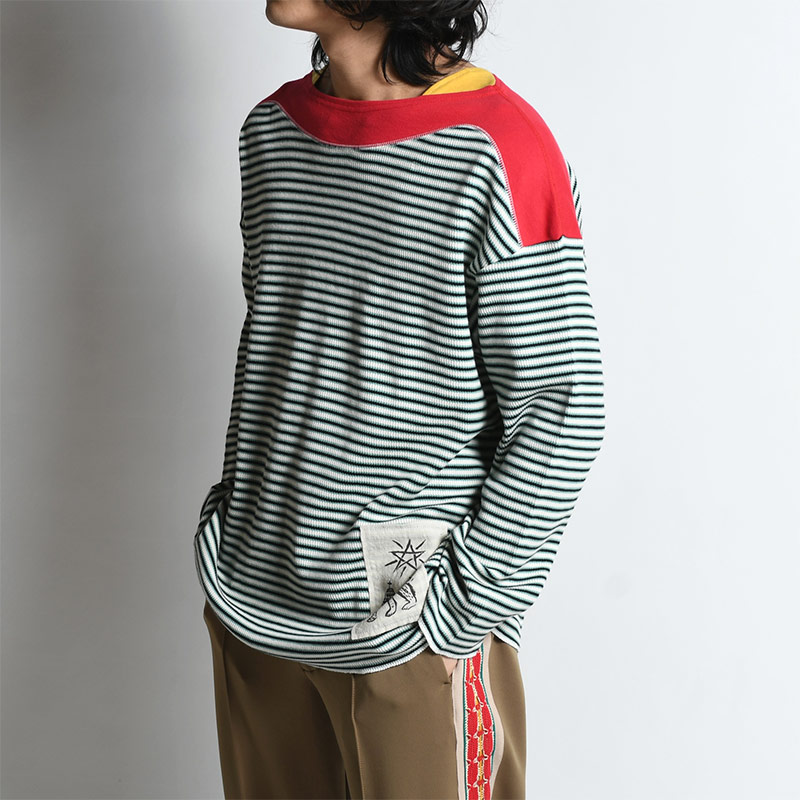 BOAT NECK BORDER L/S WAFFLE -RED- | IN ONLINE STORE