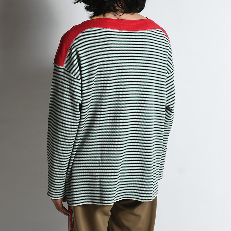 BOAT NECK BORDER L/S WAFFLE -RED-