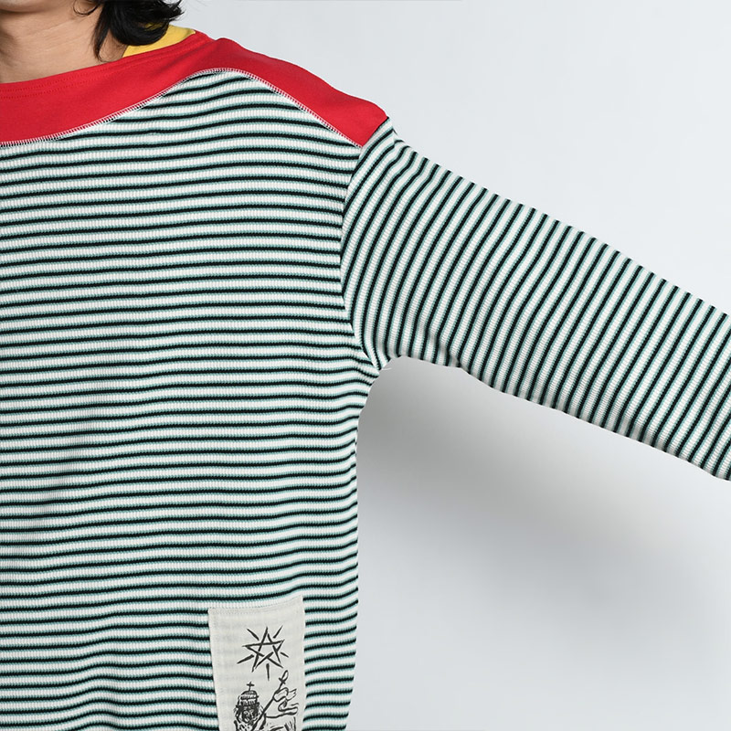 BOAT NECK BORDER L/S WAFFLE -RED-