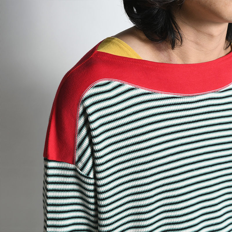 BOAT NECK BORDER L/S WAFFLE -RED- | IN ONLINE STORE