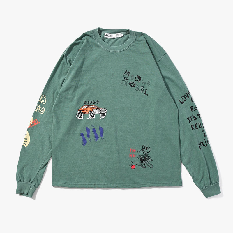 VINTAGE MULTI PRINT L/S TEE -3.COLOR-(GREEN)