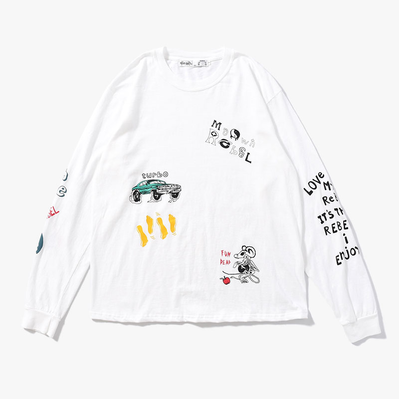 VINTAGE MULTI PRINT L/S TEE -3.COLOR-(WHITE)