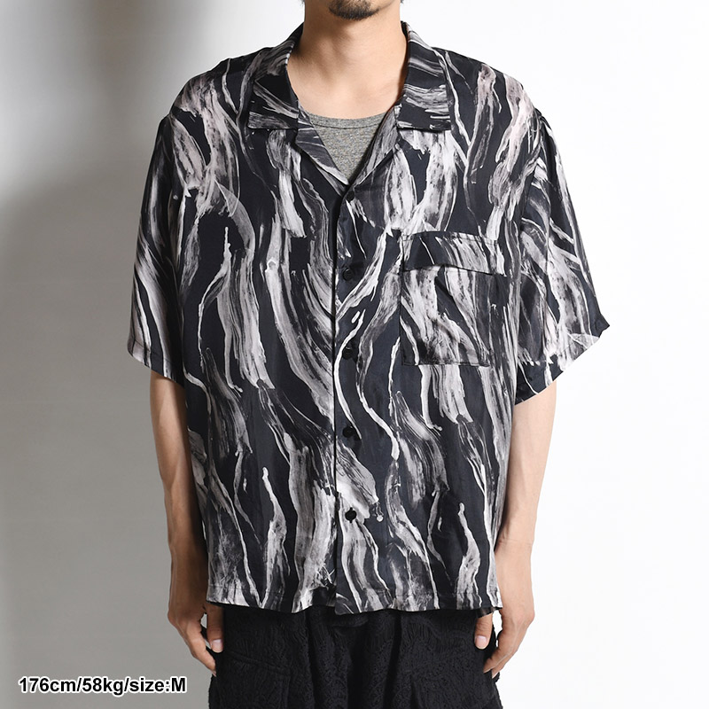 BRUSH PRINT O/C SHIRT SHORT SLEEVE -BLACK-