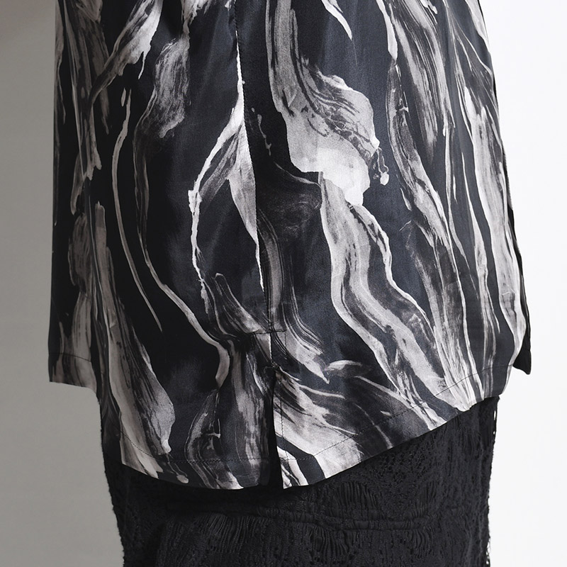 BRUSH PRINT O/C SHIRT SHORT SLEEVE -BLACK-