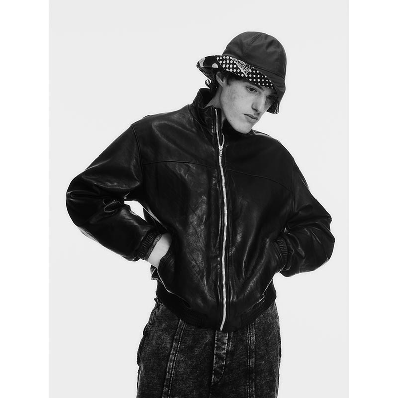 LEATHER TRACK JACKET -BLACK-