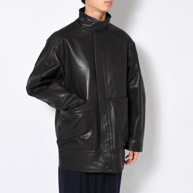 STAND-UP COLLAR LEATHER CAR COAT -BLACK-