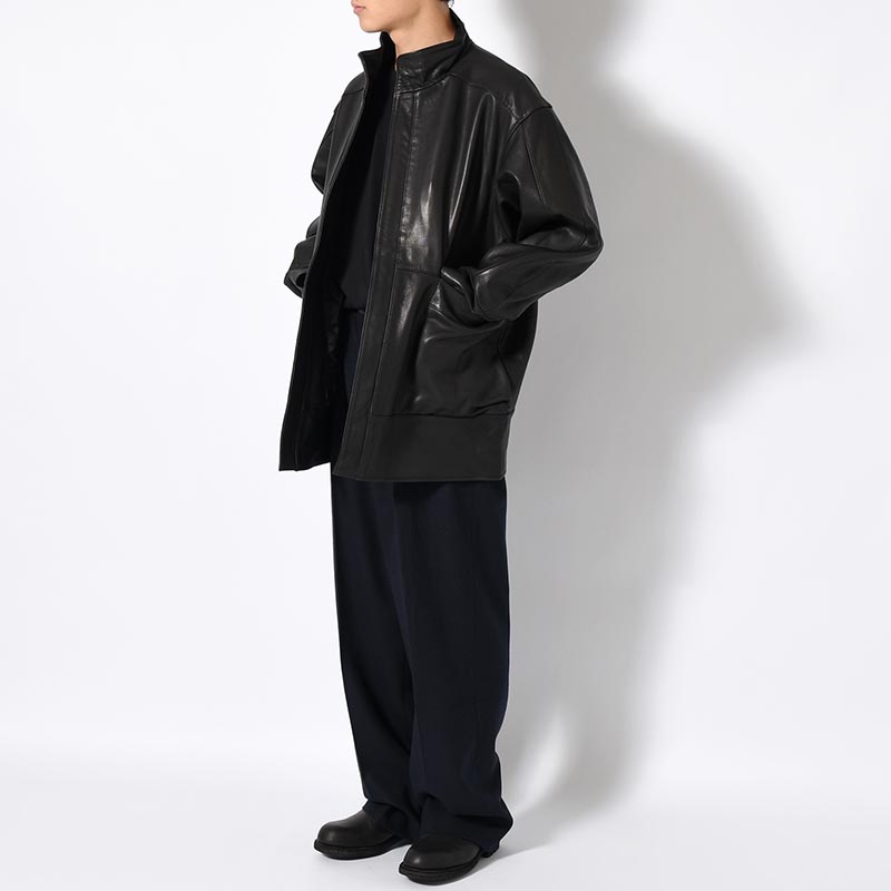 STAND-UP COLLAR LEATHER CAR COAT -BLACK-