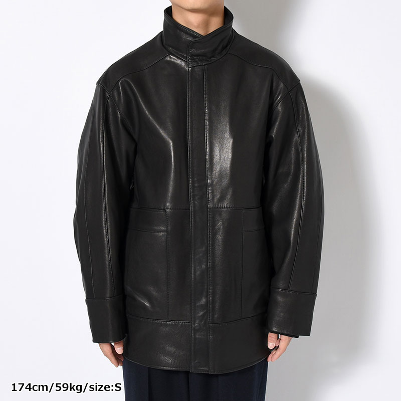 STAND-UP COLLAR LEATHER CAR COAT -BLACK-