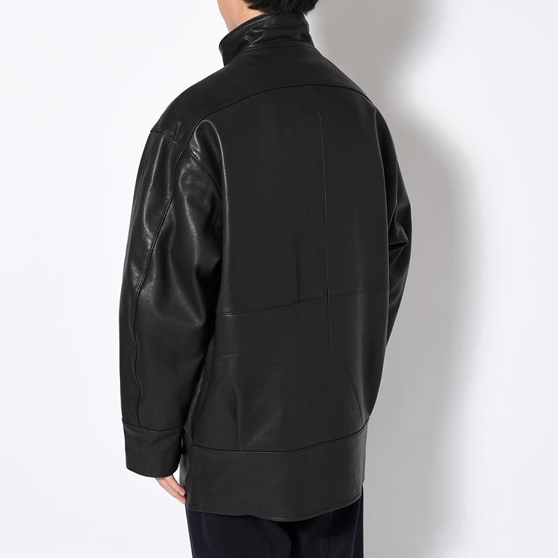 STAND-UP COLLAR LEATHER CAR COAT -BLACK-