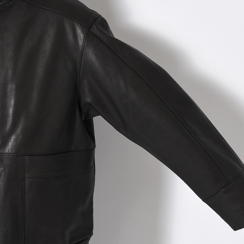 STAND-UP COLLAR LEATHER CAR COAT -BLACK-