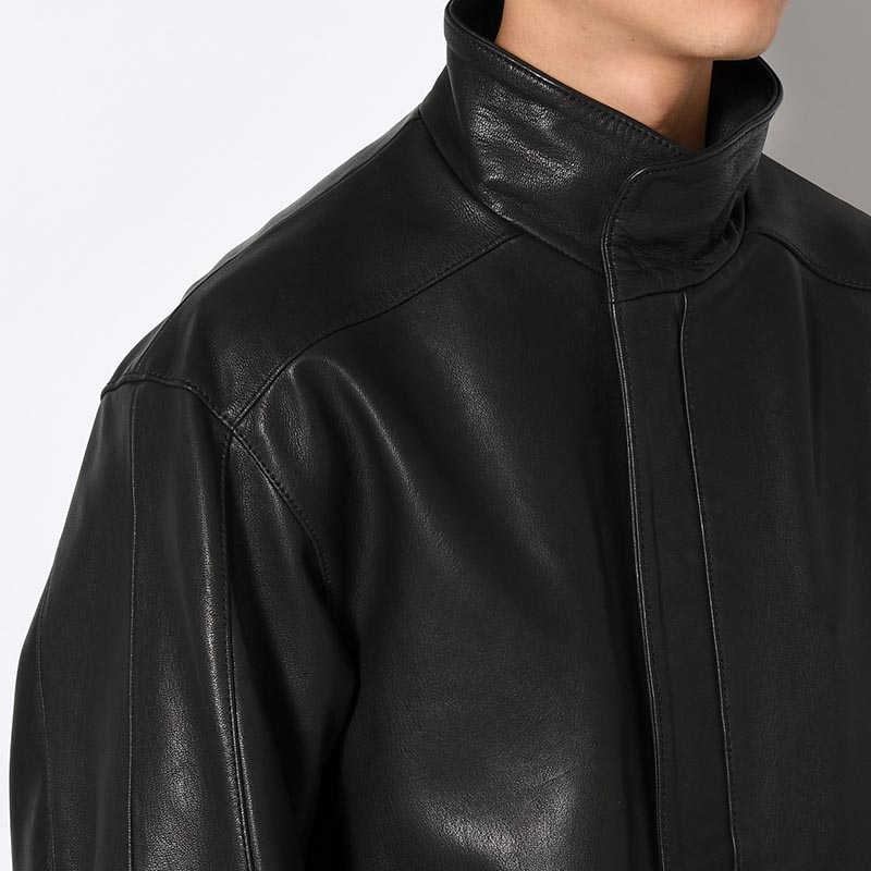 STAND-UP COLLAR LEATHER CAR COAT -BLACK-