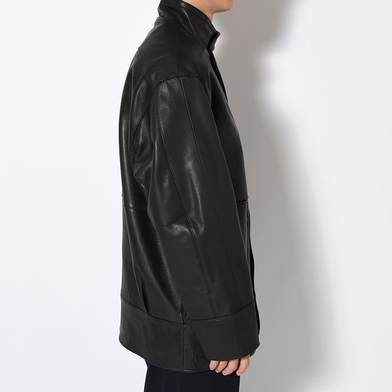 STAND-UP COLLAR LEATHER CAR COAT -BLACK-