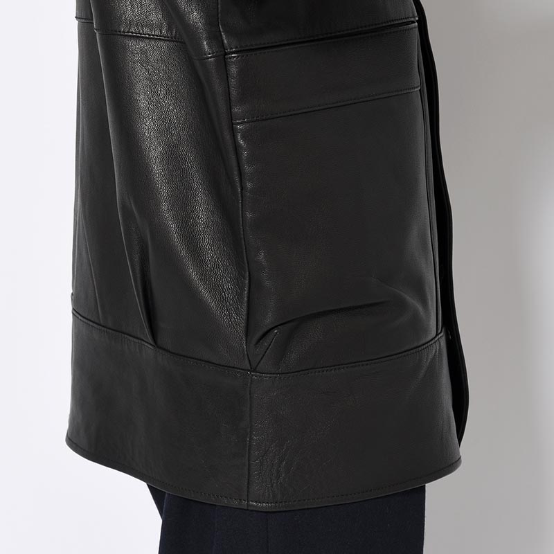 STAND-UP COLLAR LEATHER CAR COAT -BLACK-