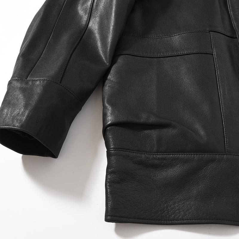 STAND-UP COLLAR LEATHER CAR COAT -BLACK-