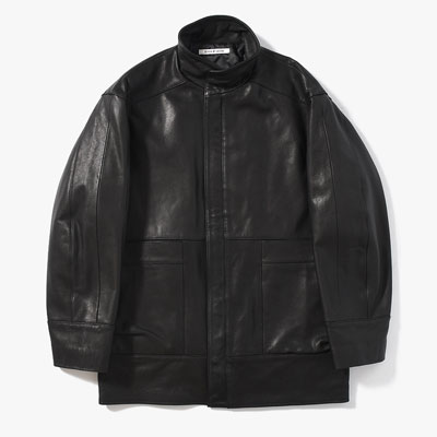 STAND-UP COLLAR LEATHER CAR COAT -BLACK-