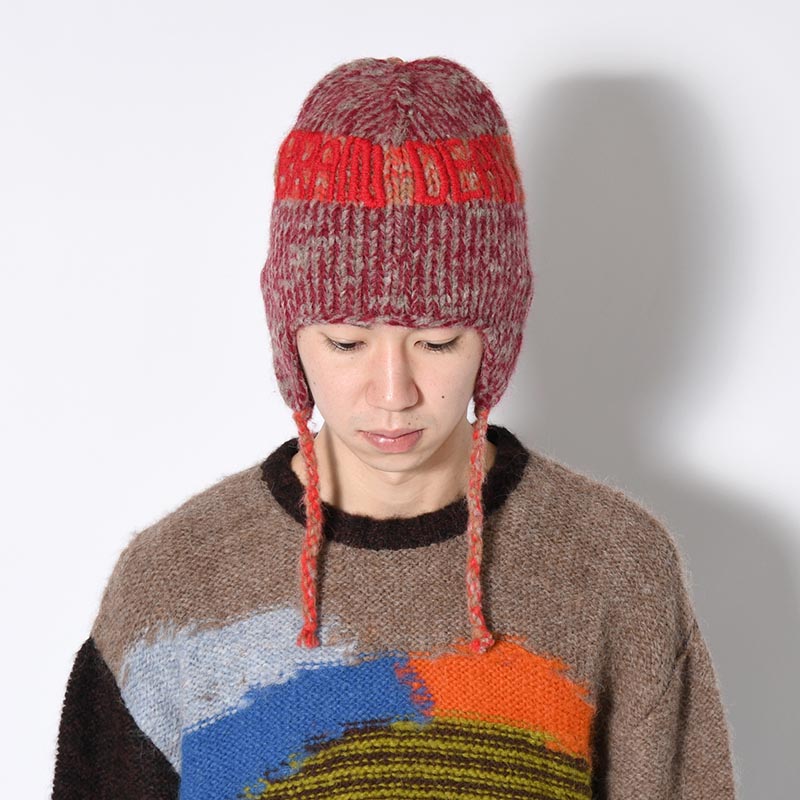 ALPAKA KNIT EAR FLAP BEANIE -RED-