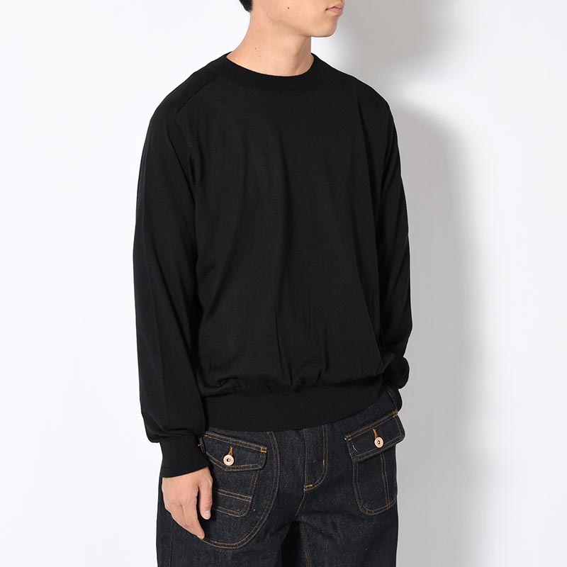 Wool Cashmere Silk Knit Crew Neck -Black-