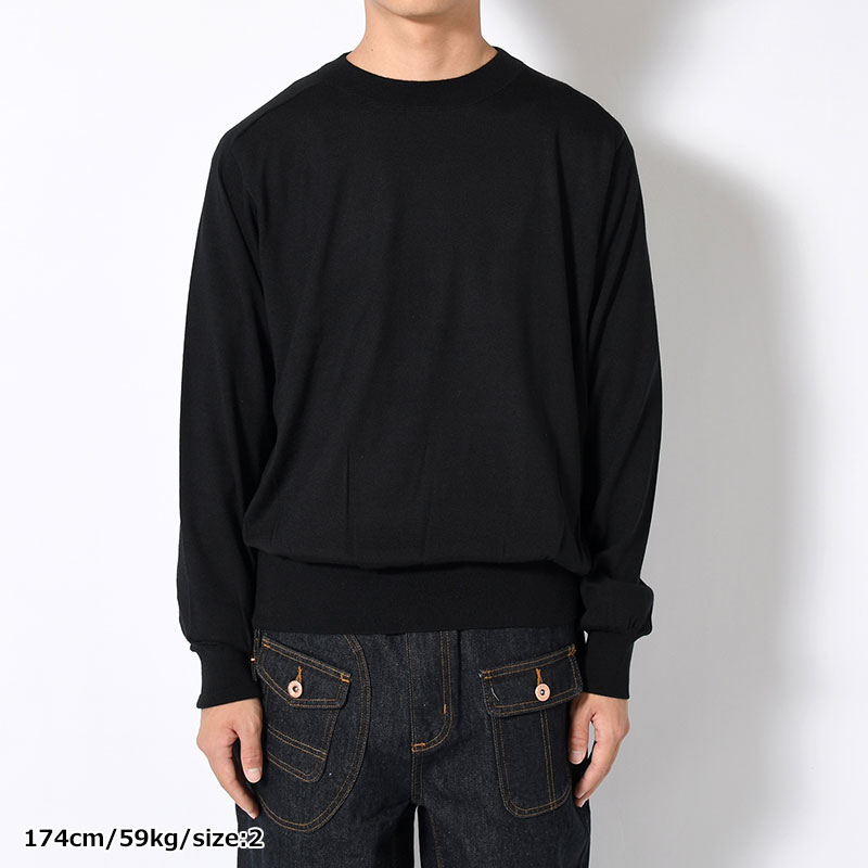 Wool Cashmere Silk Knit Crew Neck -Black-