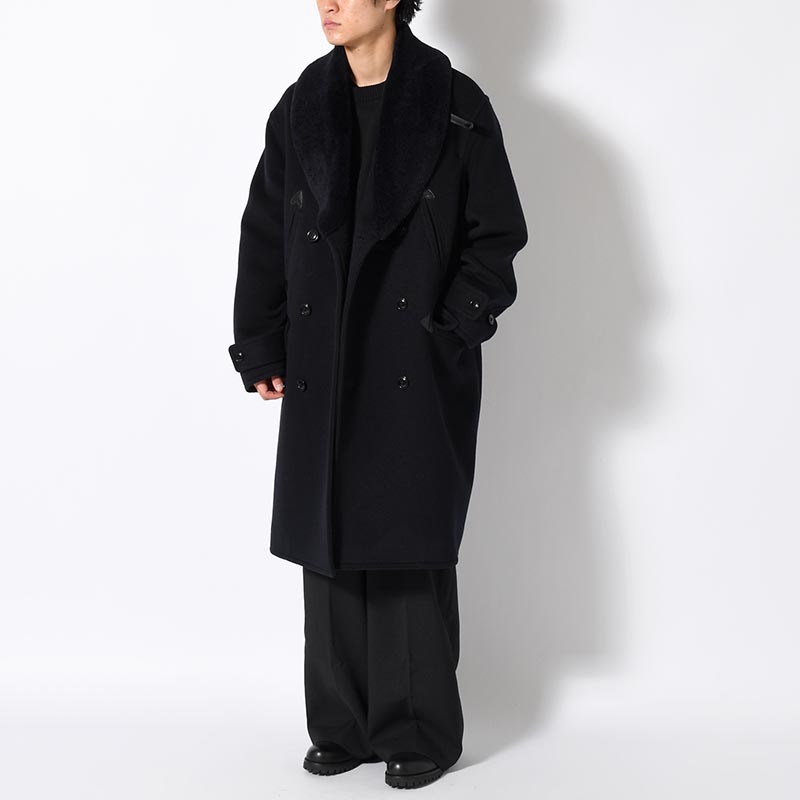 Wool Beaver Mackinaw Coat Fur Collar -BlackNavy-