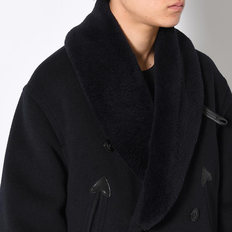 Wool Beaver Mackinaw Coat Fur Collar -BlackNavy-