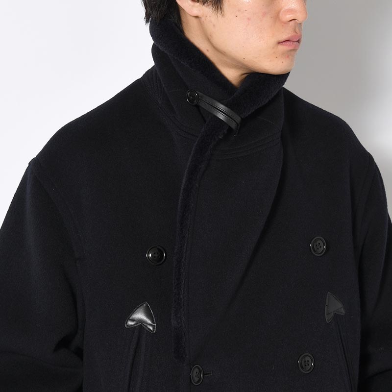 Wool Beaver Mackinaw Coat Fur Collar -BlackNavy-