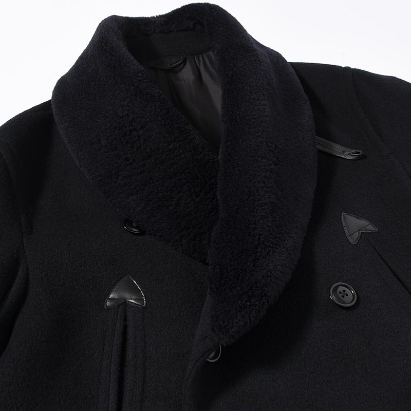 Wool Beaver Mackinaw Coat Fur Collar -BlackNavy-