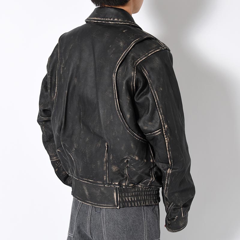 DISTRESSED LEATHER BOMBER JACKET -BLACK-