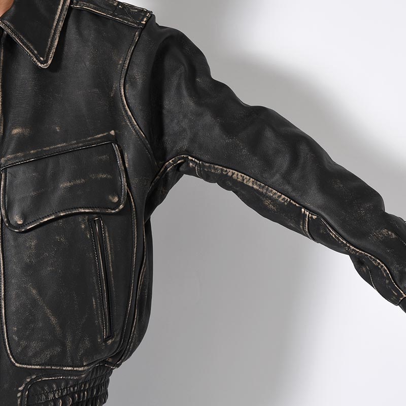 DISTRESSED LEATHER BOMBER JACKET -BLACK-