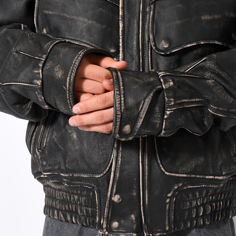 DISTRESSED LEATHER BOMBER JACKET -BLACK-