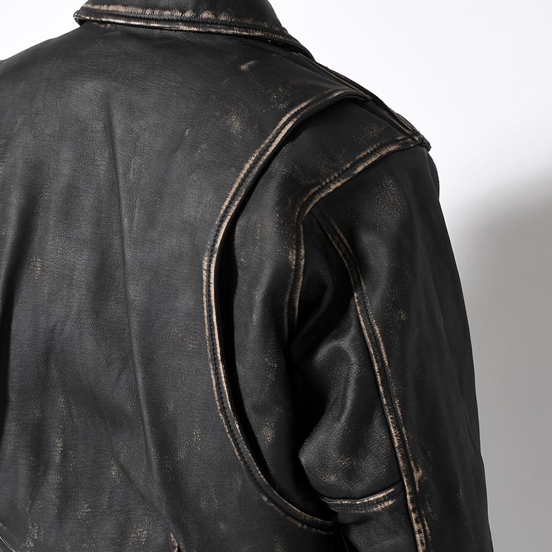 DISTRESSED LEATHER BOMBER JACKET -BLACK-