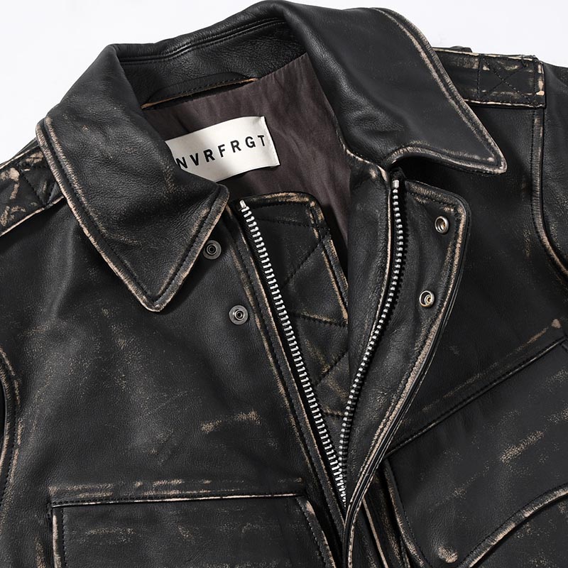 DISTRESSED LEATHER BOMBER JACKET -BLACK-