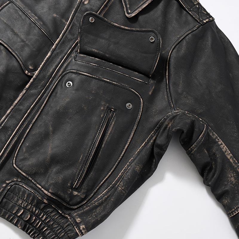 DISTRESSED LEATHER BOMBER JACKET -BLACK-