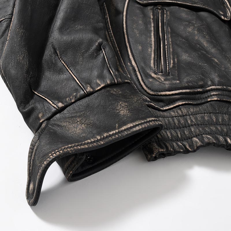 DISTRESSED LEATHER BOMBER JACKET -BLACK-